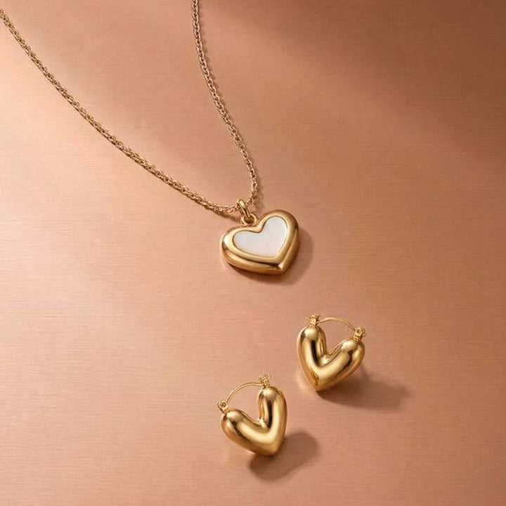 Gold-Plated Mother of Pearl Heart Necklace & Puffy Heart Hoop Earrings Set