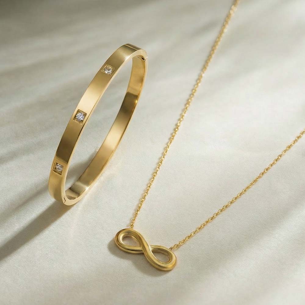 Gold-Plated Infinity Necklace & Diamond Bangle Set