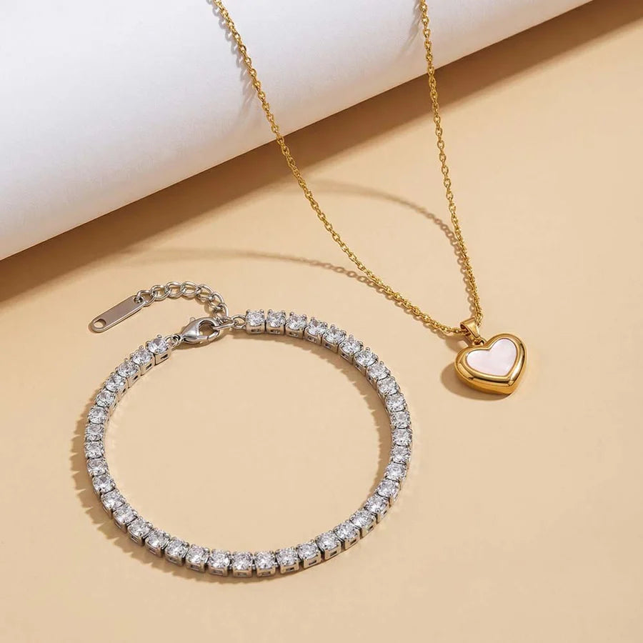 Golden Heart Necklace & Diamond Tennis Bracelet – Luxe Everyday Elegance Set