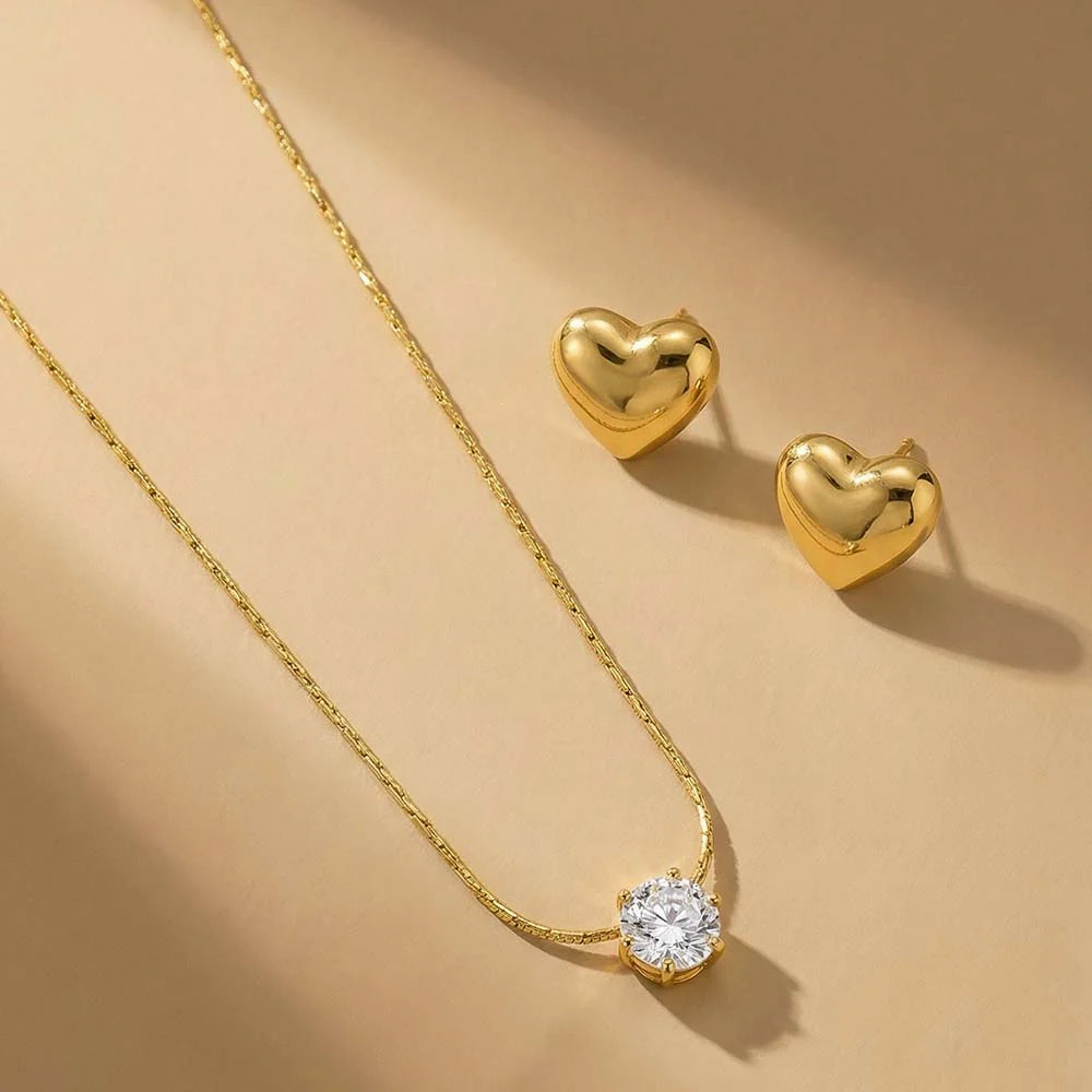Gold-Plated Solitaire Necklace & Puffy Heart Stud Earrings Set