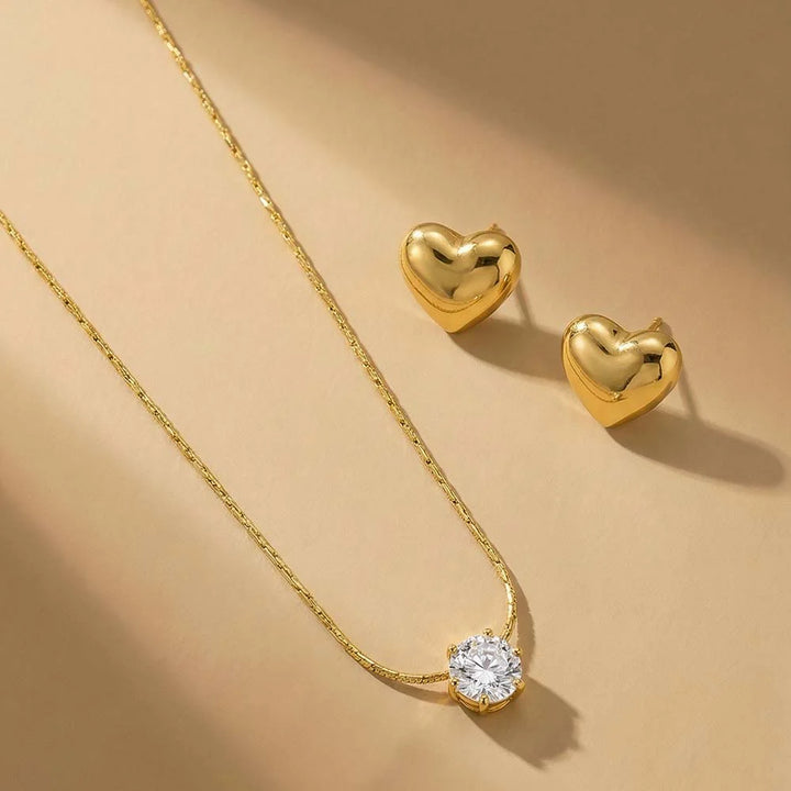 Gold-Plated Solitaire Necklace & Puffy Heart Stud Earrings Set