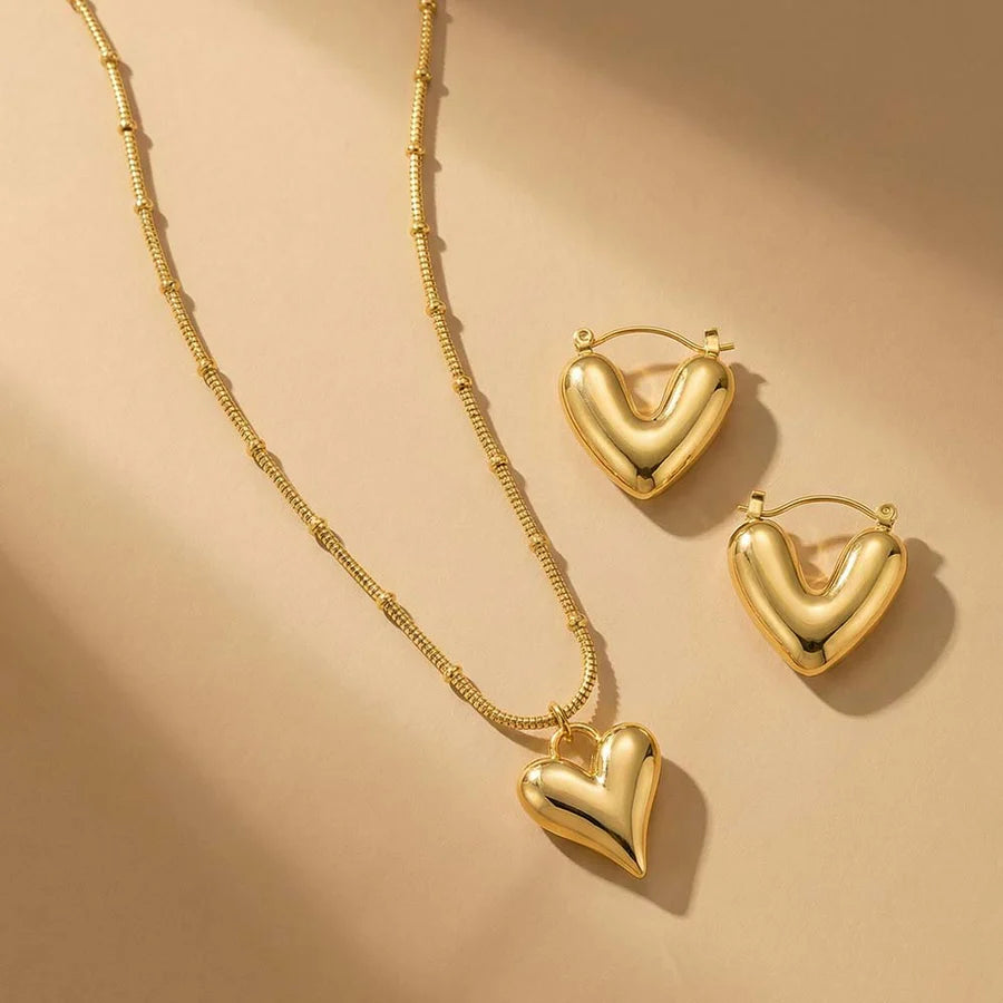 Golden Puffy Heart Necklace & Hoop Earrings Set – Valentine Edition