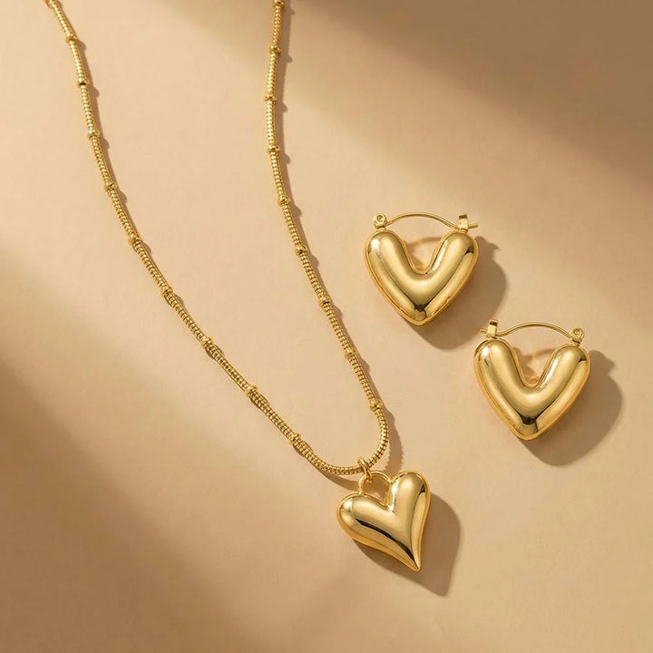 Golden Puffy Heart Necklace & Hoop Earrings Set – Valentine Edition