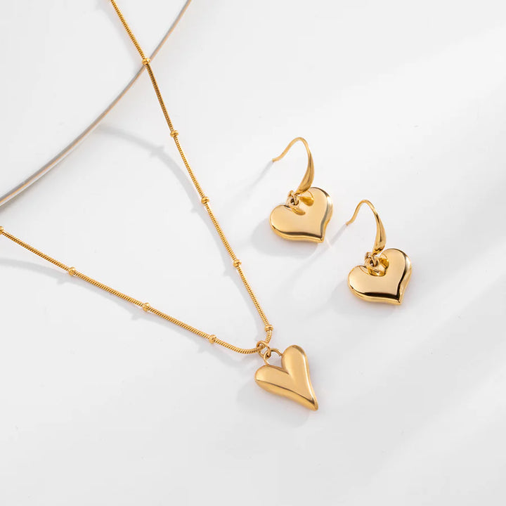 Gold-Plated Heart Pendant Necklace & Earrings Set