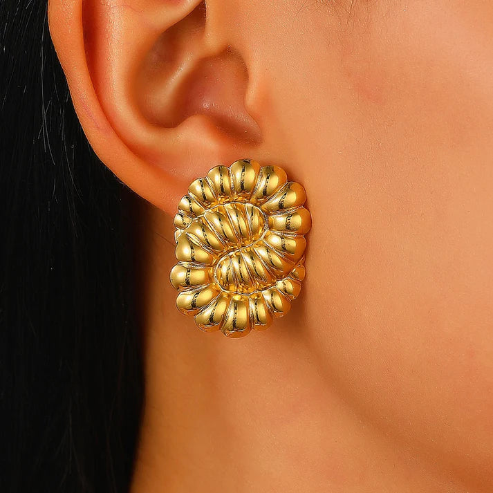 Gold Textured Spiral Stud Earrings | Sculptural Statement Design, Stainless Steel, Anti-Tarnish, Waterproof & Hypoallergenic