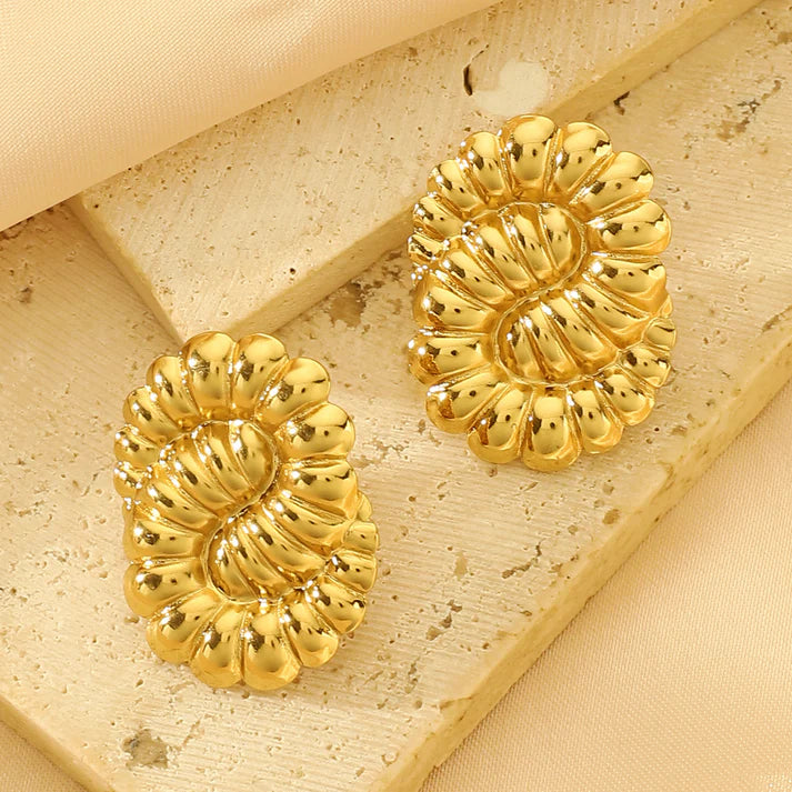 Gold Textured Spiral Stud Earrings | Sculptural Statement Design, Stainless Steel, Anti-Tarnish, Waterproof & Hypoallergenic