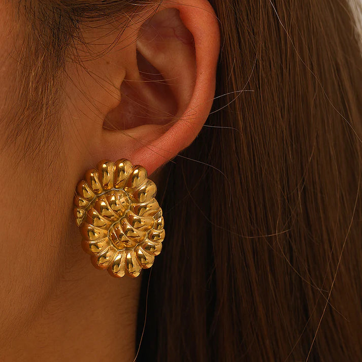 Gold Textured Spiral Stud Earrings | Sculptural Statement Design, Stainless Steel, Anti-Tarnish, Waterproof & Hypoallergenic