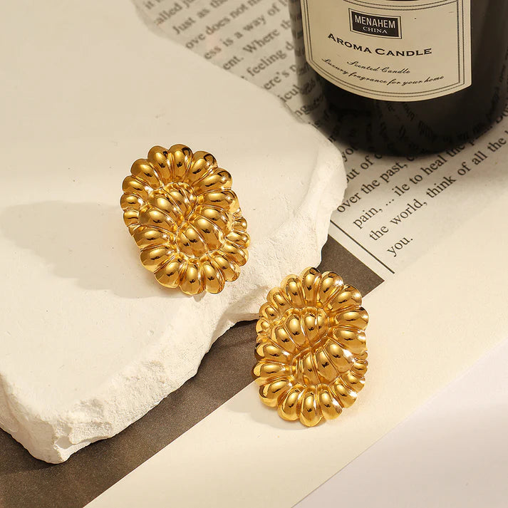 Gold Textured Spiral Stud Earrings | Sculptural Statement Design, Stainless Steel, Anti-Tarnish, Waterproof & Hypoallergenic