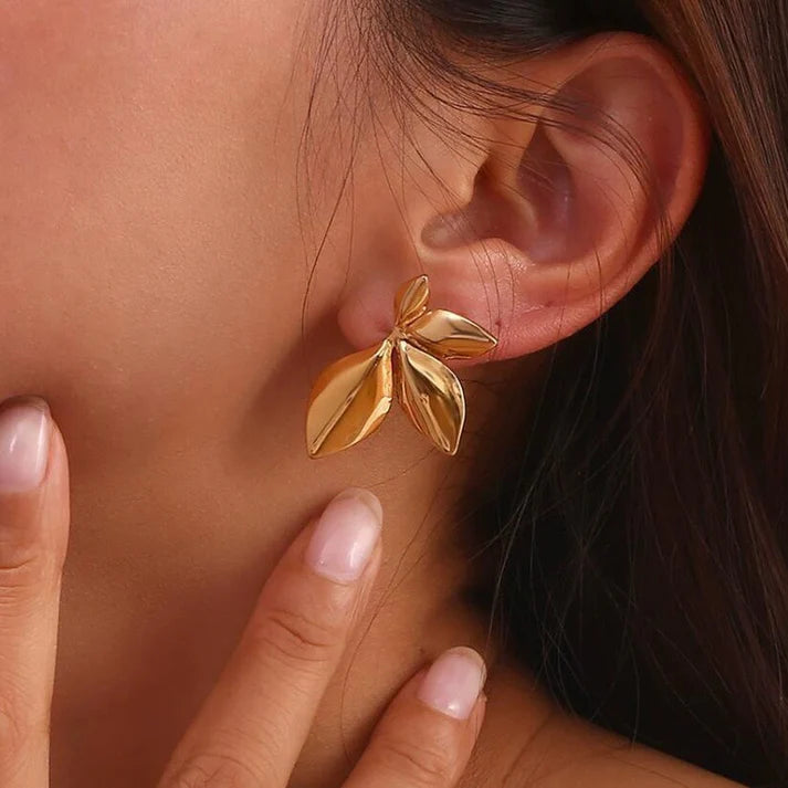 Gold Leaf Statement Stud Earrings | Nature-Inspired Elegant Leaf Design