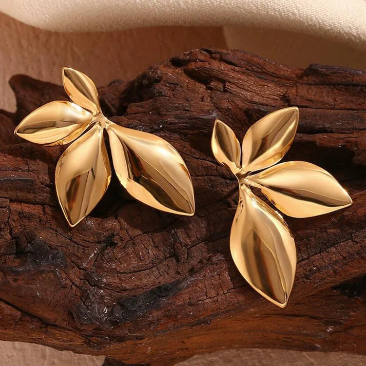 Gold Leaf Statement Stud Earrings | Nature-Inspired Elegant Leaf Design