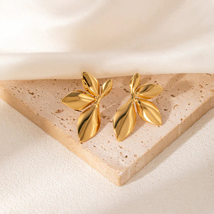 Gold Leaf Statement Stud Earrings | Nature-Inspired Elegant Leaf Design