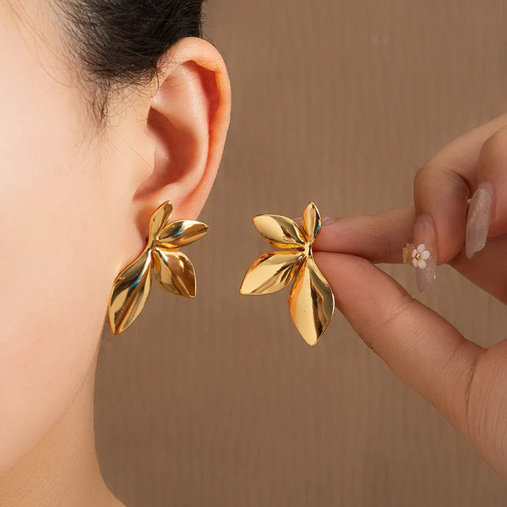 Gold Leaf Statement Stud Earrings | Nature-Inspired Elegant Leaf Design