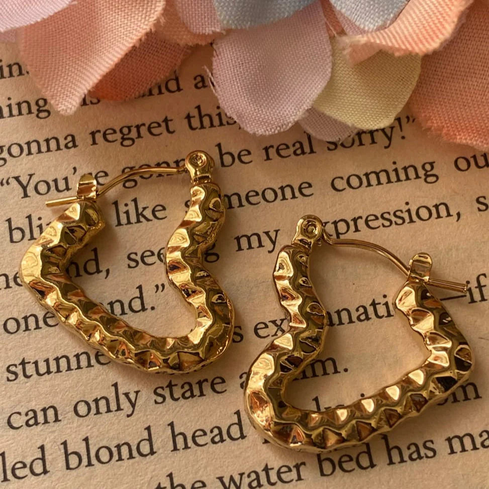 Hammered Heart Hoop Earrings | Gold-Plated Textured Heart Hoops, Lightweight & Trendy