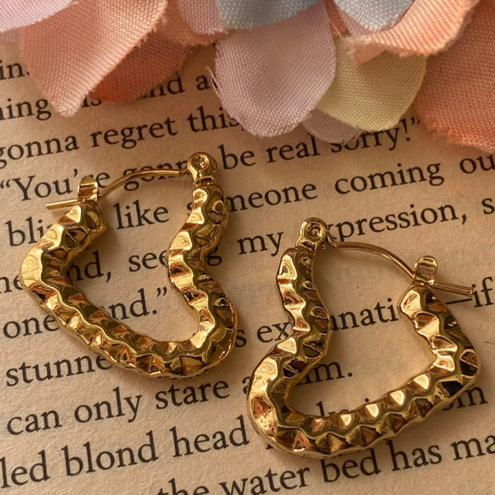 Hammered Heart Hoop Earrings | Gold-Plated Textured Heart Hoops, Lightweight & Trendy