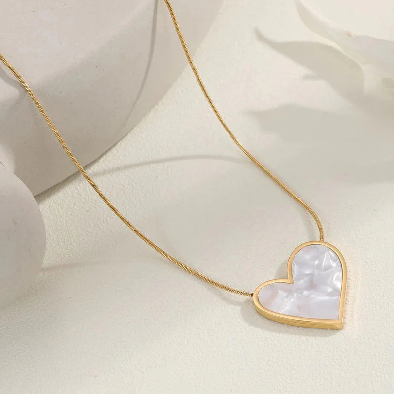 Gold Big Heart Pendant Necklace | Mother-of-Pearl Inlay, Stainless Steel, Anti-Tarnish, Waterproof & Hypoallergenic