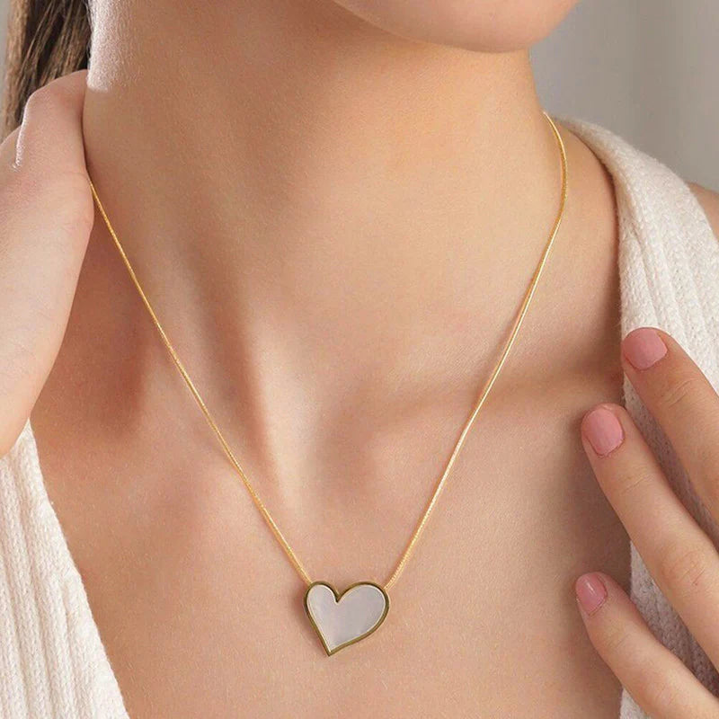 Gold Big Heart Pendant Necklace | Mother-of-Pearl Inlay, Stainless Steel, Anti-Tarnish, Waterproof & Hypoallergenic
