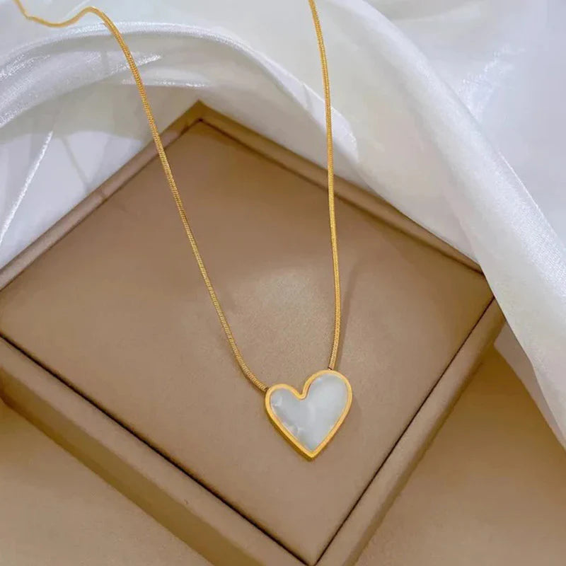 Gold Big Heart Pendant Necklace | Mother-of-Pearl Inlay, Stainless Steel, Anti-Tarnish, Waterproof & Hypoallergenic