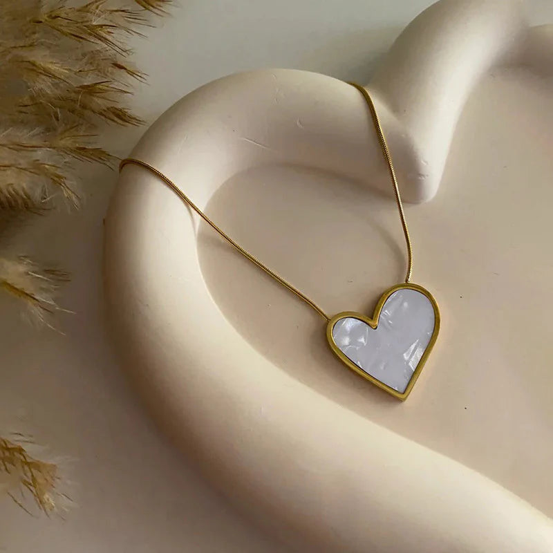Gold Big Heart Pendant Necklace | Mother-of-Pearl Inlay, Stainless Steel, Anti-Tarnish, Waterproof & Hypoallergenic
