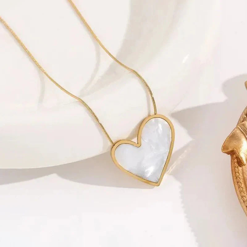 Gold Big Heart Pendant Necklace | Mother-of-Pearl Inlay, Stainless Steel, Anti-Tarnish, Waterproof & Hypoallergenic