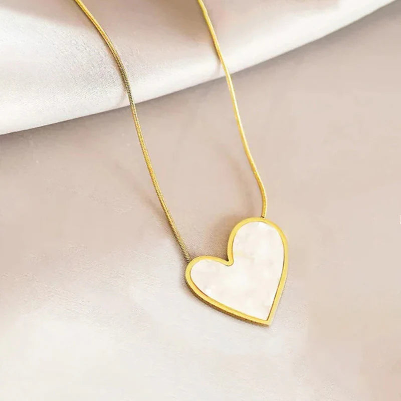Gold Big Heart Pendant Necklace | Mother-of-Pearl Inlay, Stainless Steel, Anti-Tarnish, Waterproof & Hypoallergenic