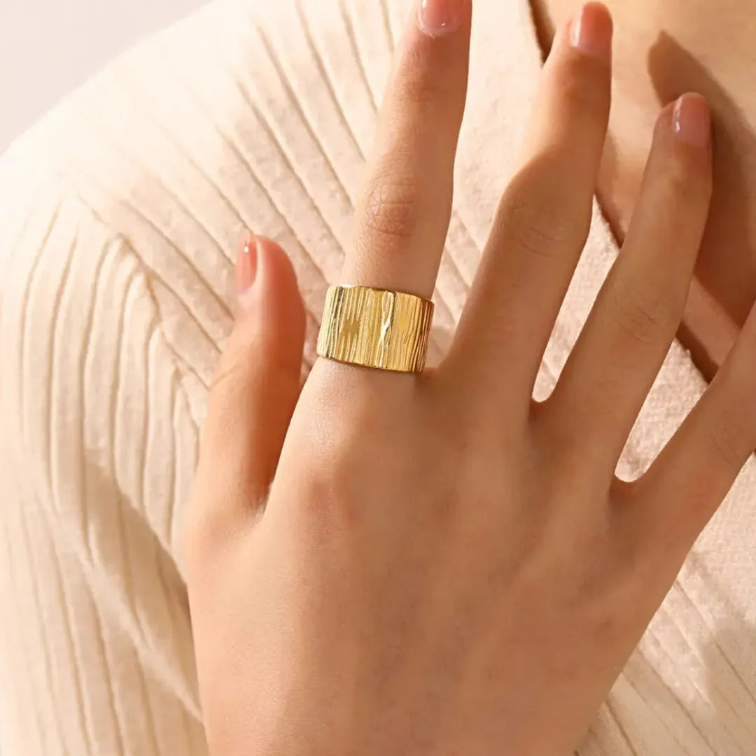Gold-Plated Wide Statement Band Ring | Textured Design, Anti-Tarnish & Hypoallergenic