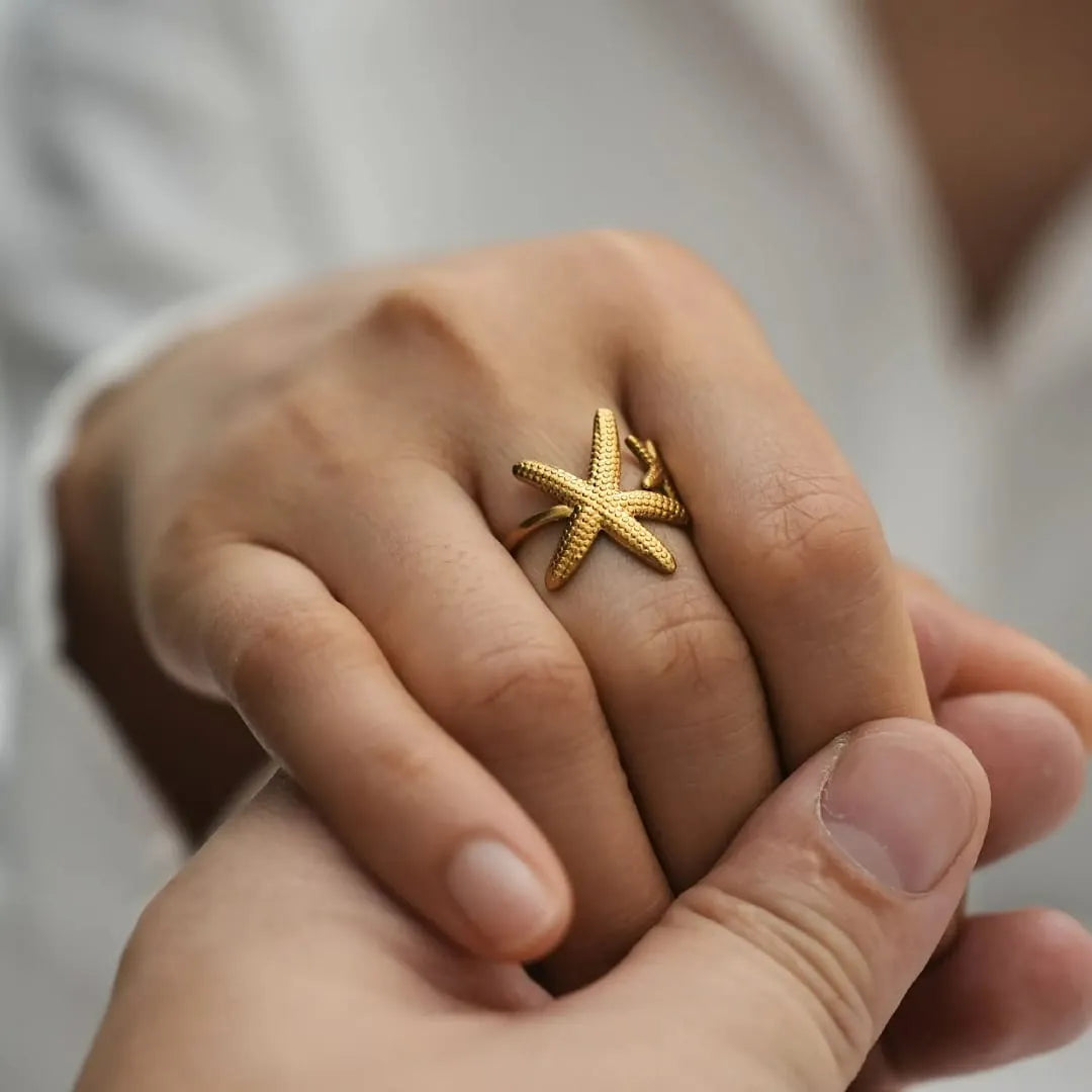 Gold-Plated Starfish Adjustable Ring | Ocean-Inspired, Anti-Tarnish & Hypoallergenic