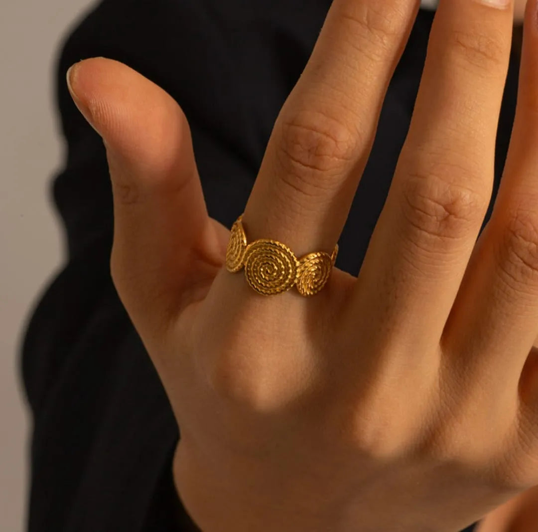 Gold-Plated Spiral Pattern Adjustable Ring | Boho Chic, Anti-Tarnish & Hypoallergenic