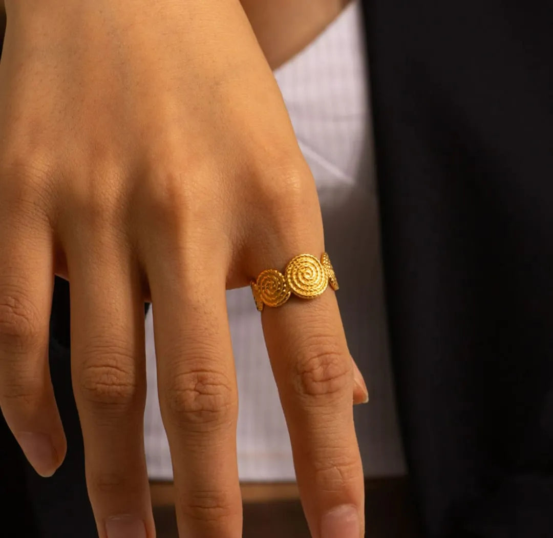 Gold-Plated Spiral Pattern Adjustable Ring | Boho Chic, Anti-Tarnish & Hypoallergenic