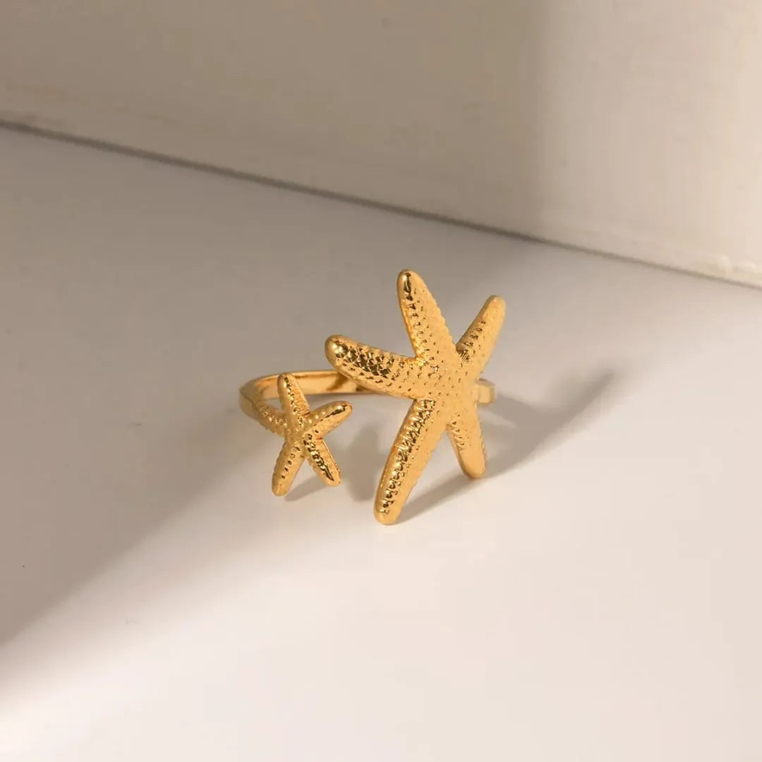 Gold-Plated Starfish Adjustable Ring | Ocean-Inspired, Anti-Tarnish & Hypoallergenic
