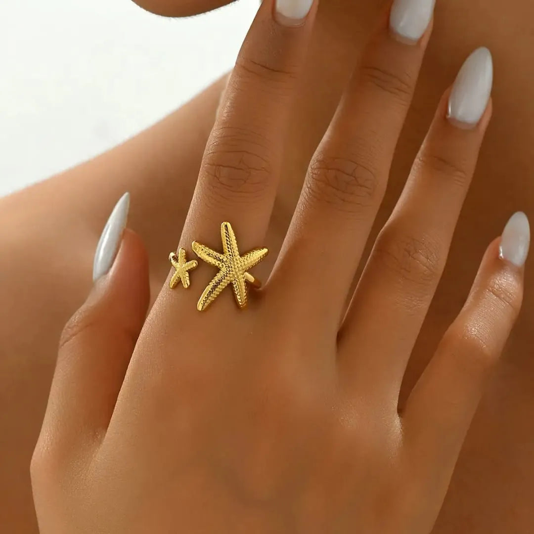 Gold-Plated Starfish Adjustable Ring | Ocean-Inspired, Anti-Tarnish & Hypoallergenic