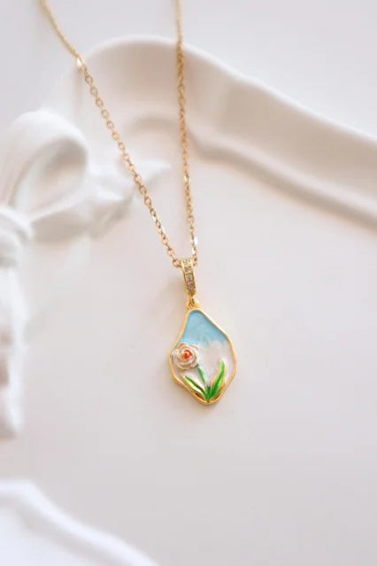 Pastel Bloom Enamel Pendant Necklace | Gold-Plated Artistic Floral Design