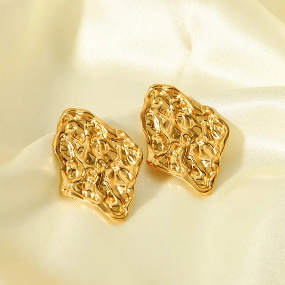 Gold Textured Abstract Stud Earrings | Sculptural Statement Design, Stainless Steel, Anti-Tarnish, Waterproof & Hypoallergenic