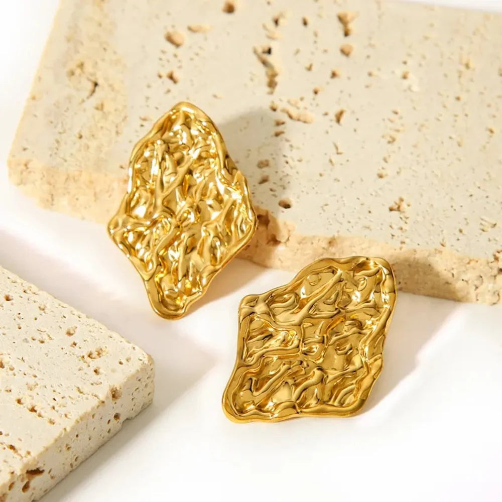 Gold Textured Abstract Stud Earrings | Sculptural Statement Design, Stainless Steel, Anti-Tarnish, Waterproof & Hypoallergenic