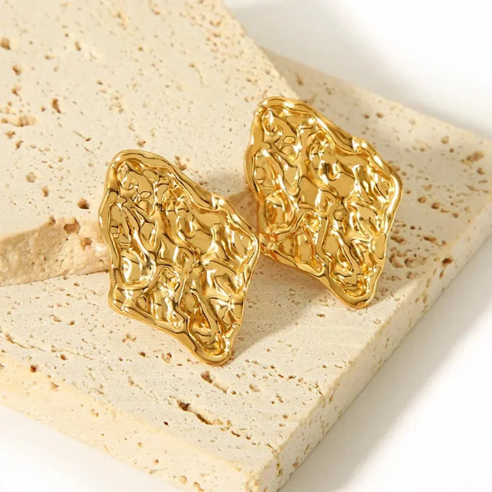 Gold Textured Abstract Stud Earrings | Sculptural Statement Design, Stainless Steel, Anti-Tarnish, Waterproof & Hypoallergenic