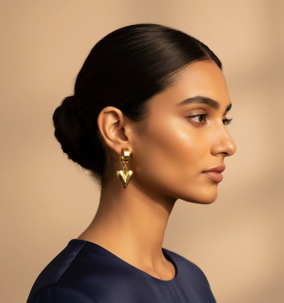 Golden Heart Drop Hoop Earrings