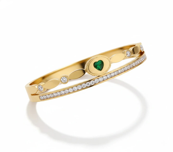 Emerald Heart Crystal Gold Bangle Bracelet