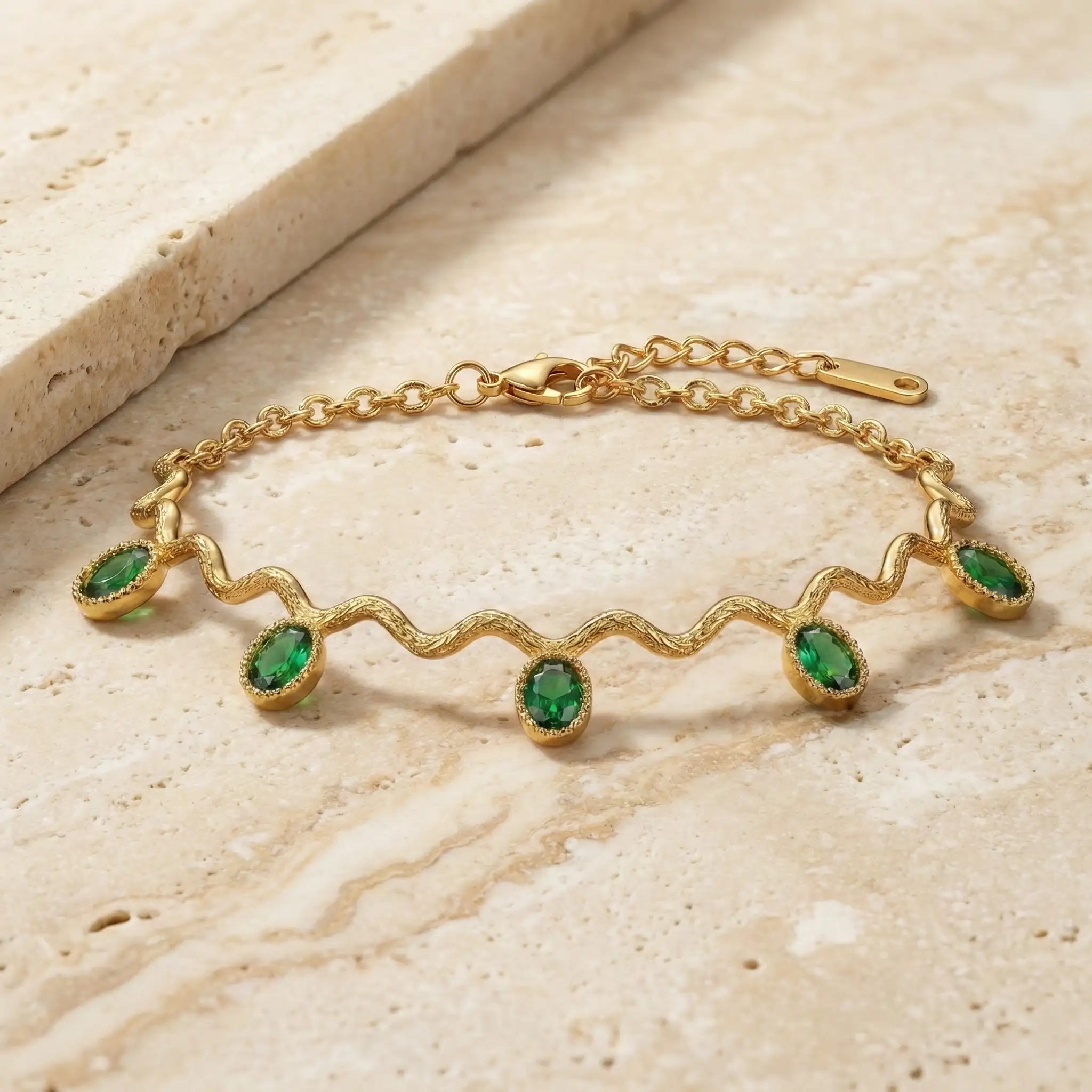 Emerald Wave Charm Gold Bracelet