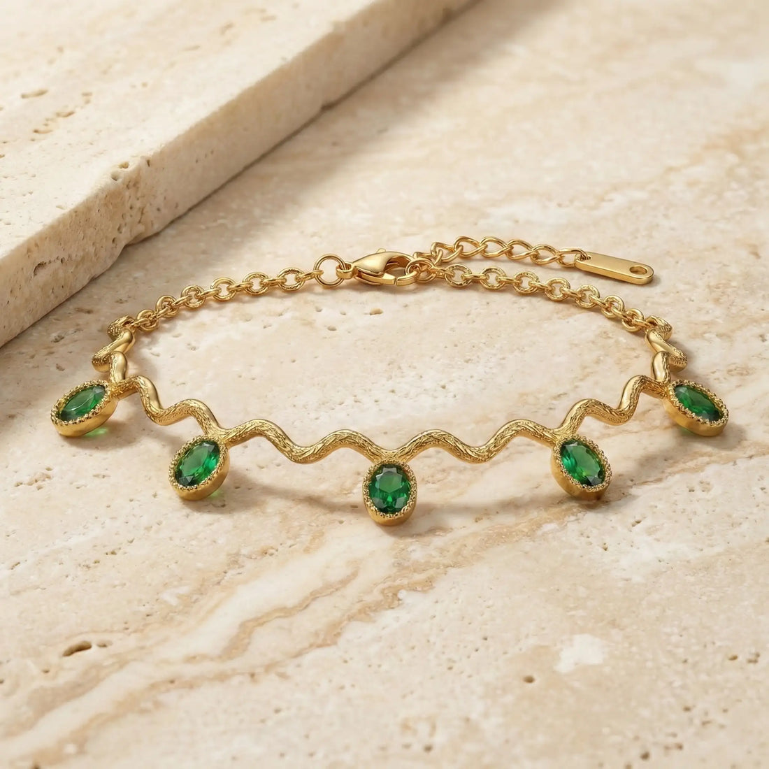 Emerald Wave Charm Gold Bracelet