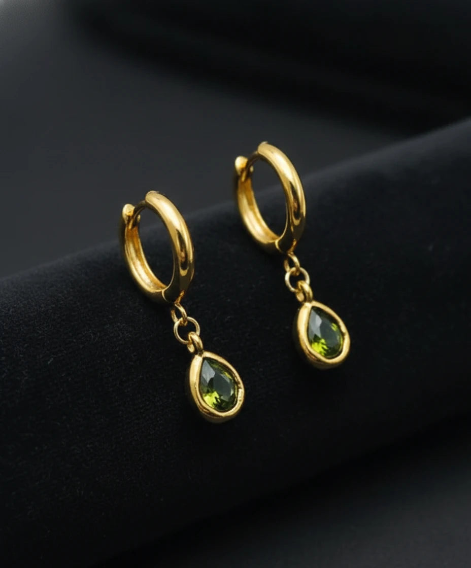 Emerald Drop Gold Hoop Earrings