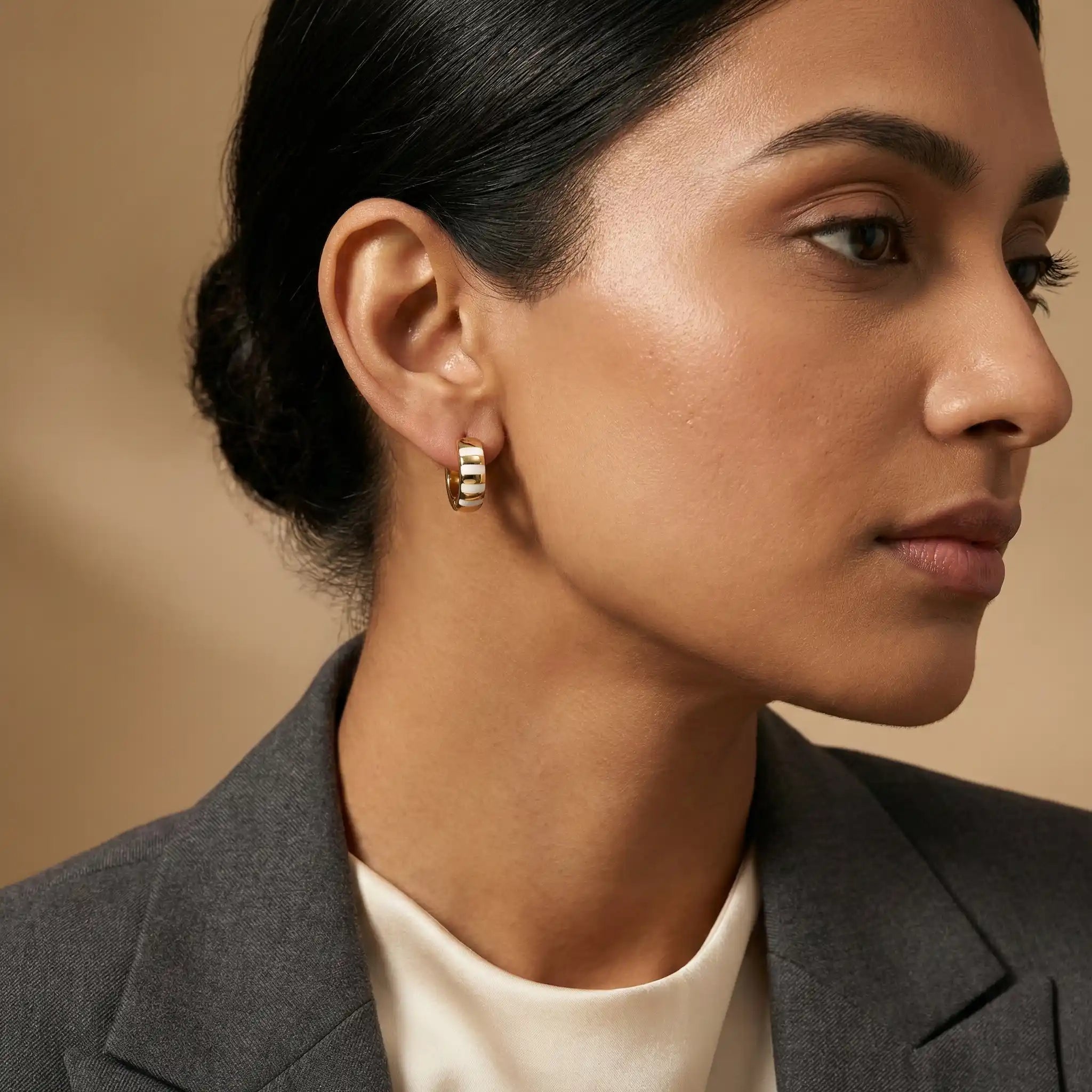Gold & White Striped Hoop Earrings