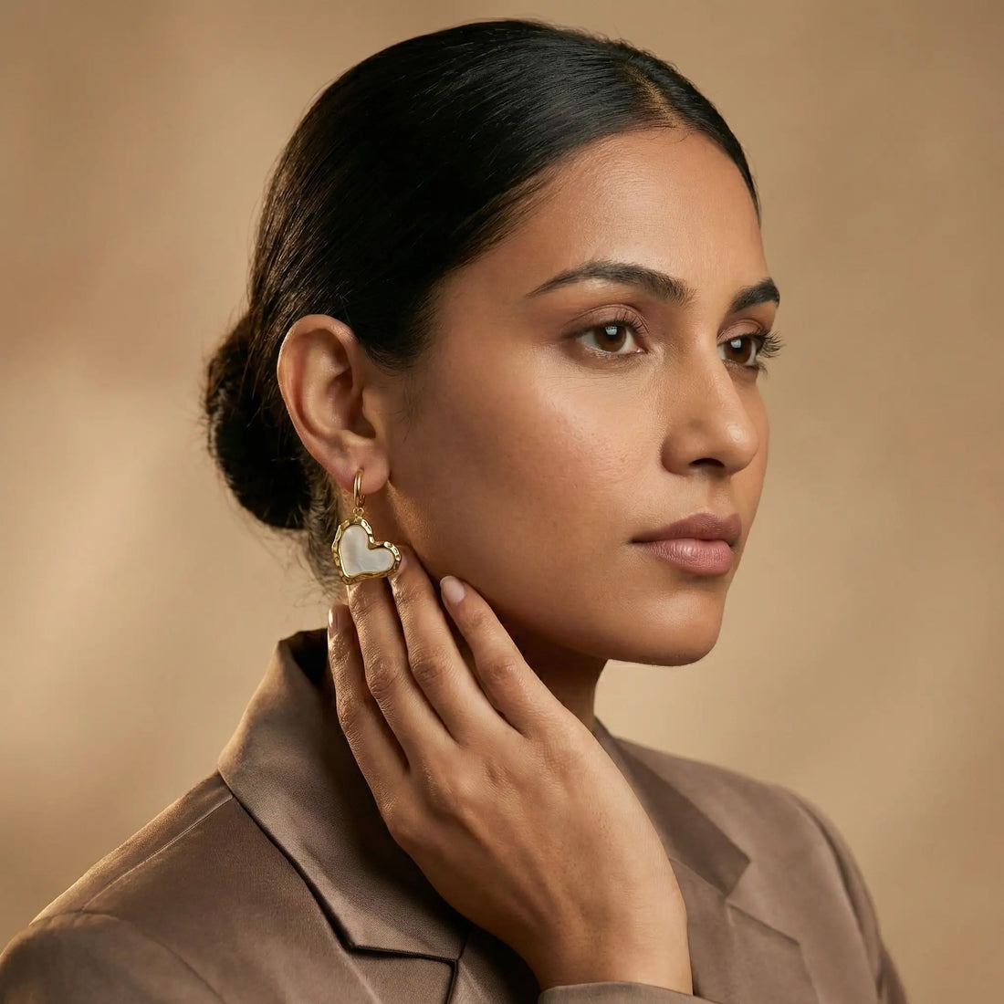 Golden Mother-of-Pearl Heart Drop Earrings