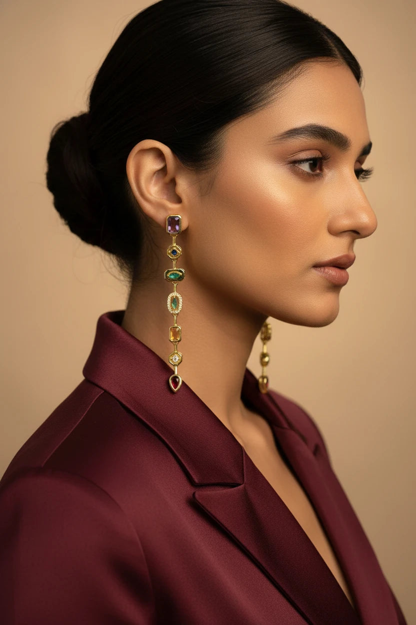 Golden Multicolor Gemstone Linear Drop Earrings