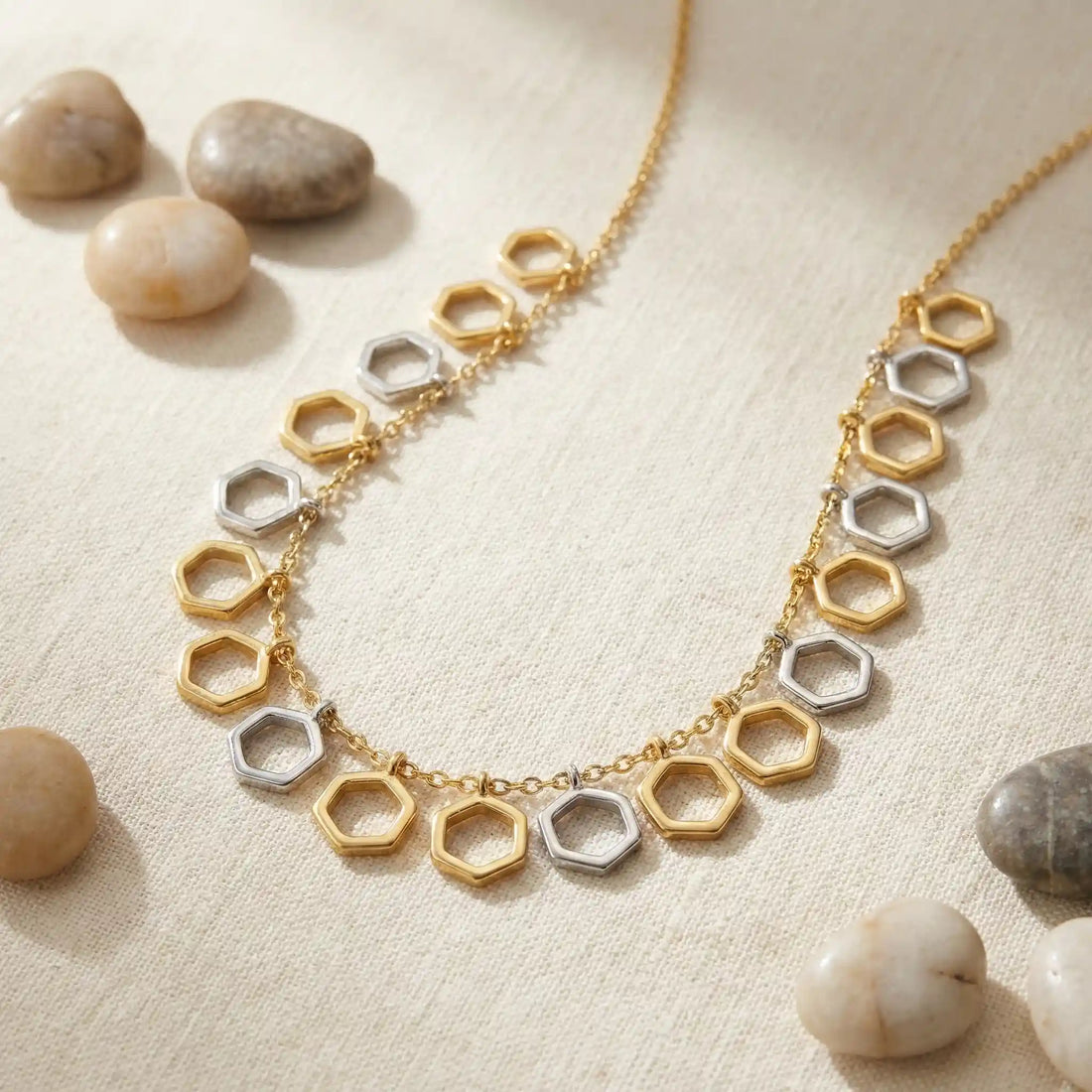 Dual Tone Hexagon Charm Necklace