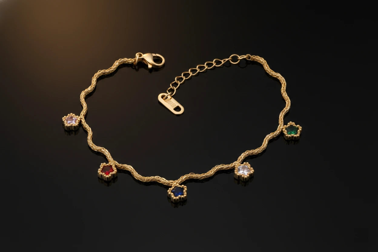 Multi-Gem Bloom Wavy Gold Bracelet