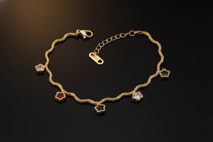 Multi-Gem Bloom Wavy Gold Bracelet