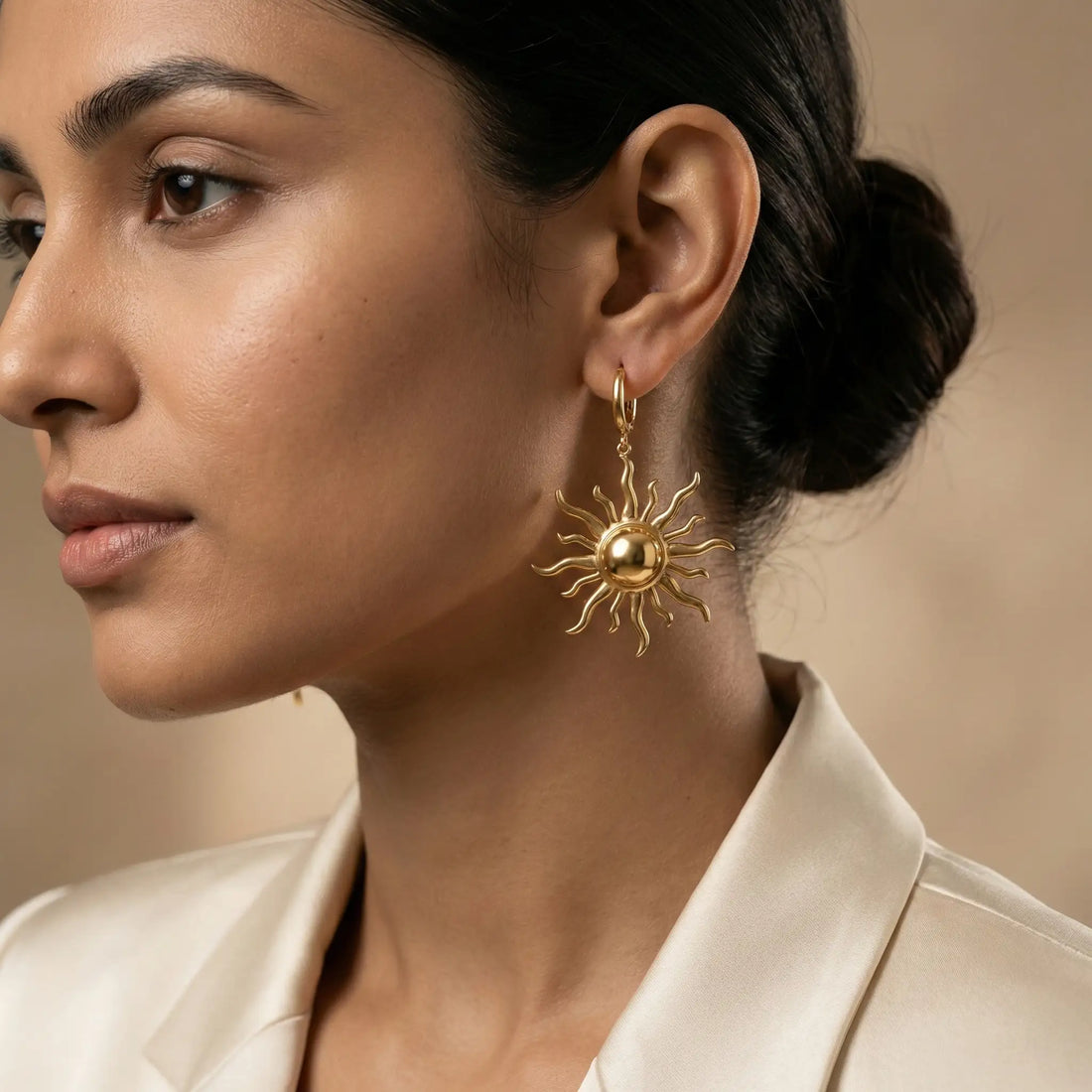 Golden Sunburst Drop Hoop Earrings