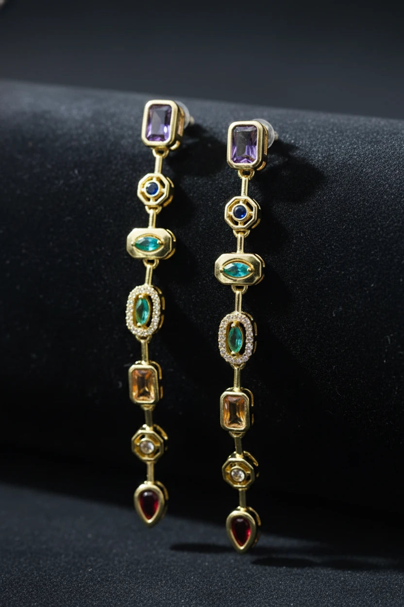 Golden Multicolor Gemstone Linear Drop Earrings
