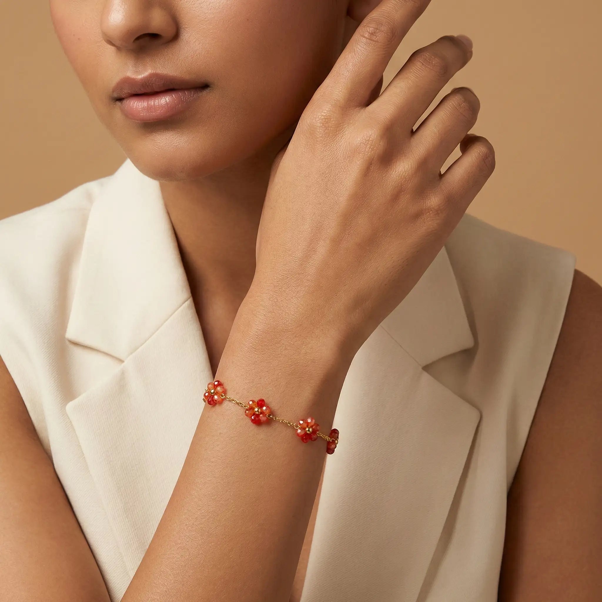 Ruby Bloom Beaded Flower Chain Bracelet