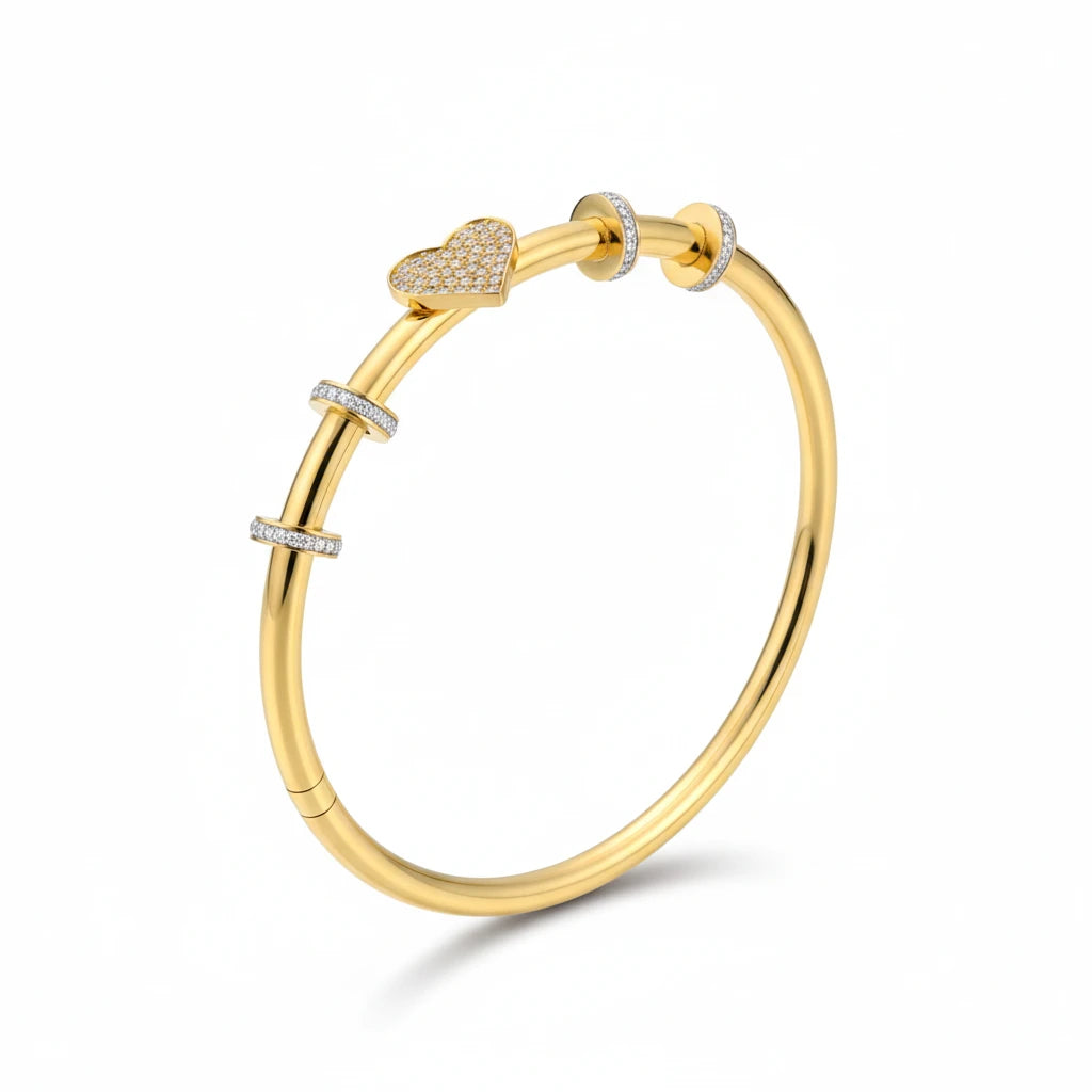 The Crystal Heart Lock Gold Bangle Bracelet
