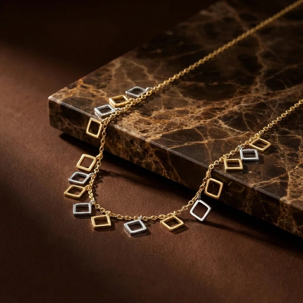 Dual Tone Diamond Square Charm Necklace